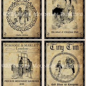 Primitivo Vintage A Christmas Carol Scrooge Tiny Tim Set di 4 Pantry Logo Etichetta Jpeg File digitale Crock Jar Etichette Cuscini, Candela bambola