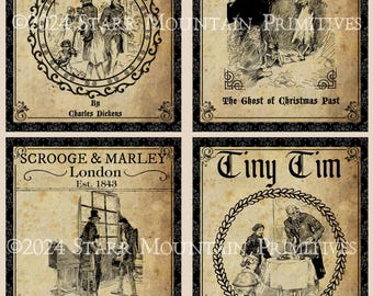Peut inclure: Ensemble de quatre étiquettes imprimables illustrant des scènes de A Christmas Carol de Charles Dickens. Les étiquettes comprennent des images de Scrooge et Marley, de Tiny Tim, du Fantôme de Noël passé et d'une scène de l'histoire. Chaque étiquette mesure 10,16 cm sur 10,16 cm.