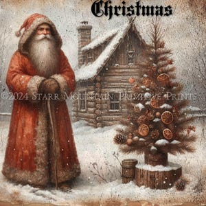 Może przedstawiać: Malowidło przedstawiające Świętego Mikołaja stojącego przed drewnianą chatką z choinką ozdobioną suszonymi plastrami pomarańczy i szyszkami. Na górze obrazu widnieje napis "An Olde Fashioned Christmas".