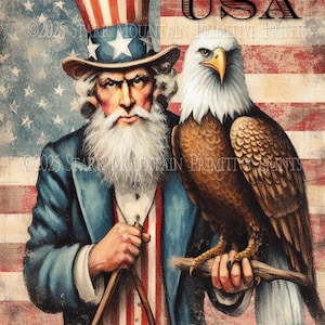 Etiqueta de imagen digital imprimible con diseño patriótico primitivo de la bandera estadounidense, águila del Tío Sam, JPEG, 300 DPI, para decoupage, lienzo, tarjeta, 8 x 10