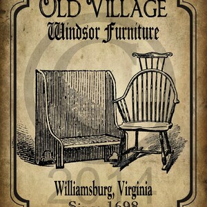 May include: Black and white illustration of a Windsor chair and a bench with the text "Old Village Windsor Furniture Williamsburg, Virginia Since 1698".