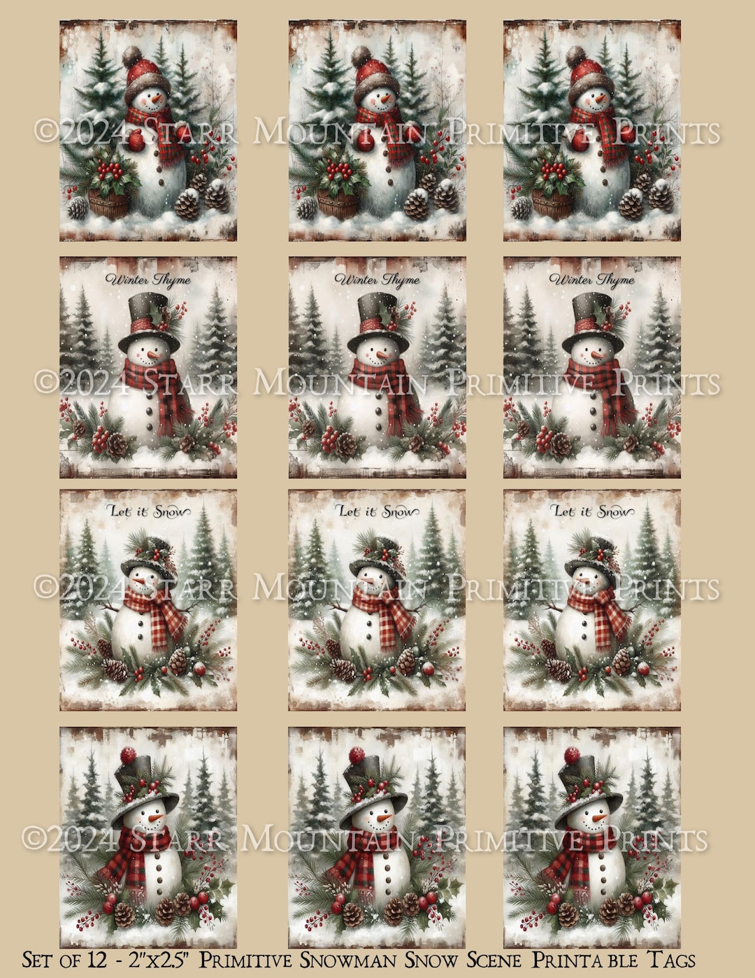 Winter Rustic Labels Primitive Farmhouse Winter Snowman Christmas Greenery Snow Set of 12 ...