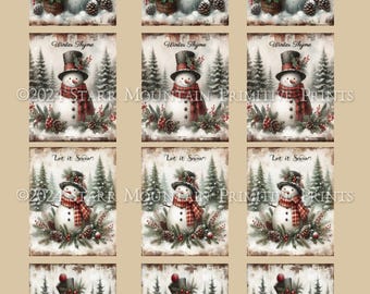 Conjunto de 12 etiquetas colgantes con diseño de muñeco de nieve de invierno, estilo rústico primitivo, con vegetación navideña, de 2 x 2,5 pulgadas, para decoupage, para imprimir digitalmente