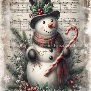 Primitive Farmhouse Christmas Snowman Candy Cane Instant Download JPEG 8x10 Printable Print Sublimation Decoupage Cans Label Tag Canvas