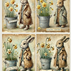 May include: Set of four 4x5 inch printable images featuring vintage illustrations of bunnies holding pots of daffodils with the text "Spring Thyme".
