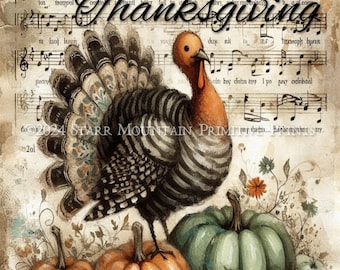 Primitive Farmhouse Whimsical Happy Thanksgiving Pumpkins Turkey Print Label Jpeg Digital Image Printable 8x10 Canvas Decoupage Rice Paper
