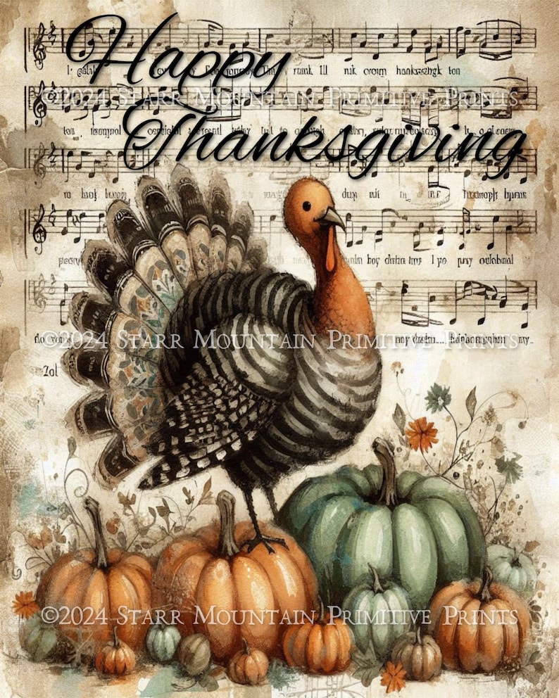 Primitive Farmhouse Whimsical Happy Thanksgiving Pumpkins Turkey Print ...