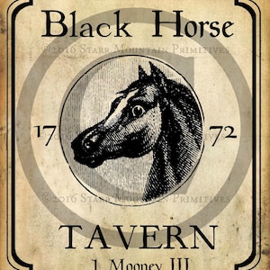 Primitive Colonial Black Horse Tavern Inn Sign Jpeg Digital  Image Feedsack Logo Pillows Pantry Labels Hang tags Crock Crate Candle Label