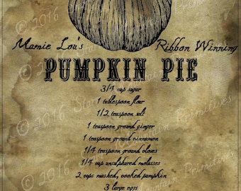 Primitive Pumpkin Pie Recipe Feedsack Logo Pantry Jar Crock Crate Candle Jar Label Jpeg Digital File Harvest Fall Autumn