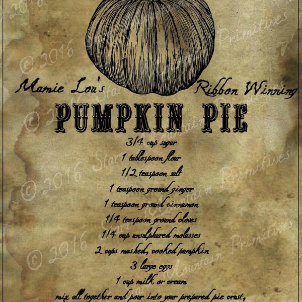 Primitive Pumpkin Pie Recipe Feedsack Logo Pantry Jar Crock Crate Candle Jar Label Jpeg Digital File Harvest Fall Autumn