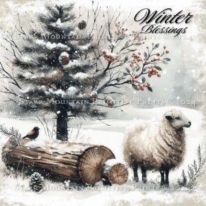Primitive Bauernhaus Winterlandschaft Schaf Schnee Baum Beeren Tannenzapfen Printable Jpeg Digital Print Hang Tag Ornament Decoupage 200x200