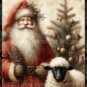 Primitive Farmhouse Grungy Old World Santa Claus Christmas Tree Sheep Printable 8x10 Jpeg Digital Print Decoupage Label Tag Ornament Card