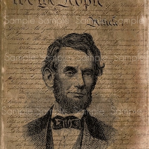 Puede incluir: Una ilustración en blanco y negro de Abraham Lincoln, el 16º presidente de los Estados Unidos, sobre un fondo con el texto de la Constitución de los Estados Unidos. El texto dice "We the People".