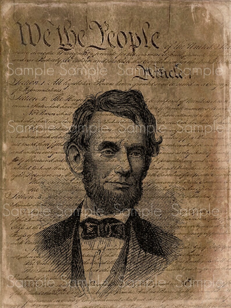 K&ouml;nnte beinhalten: Eine Schwarzwei&szlig;illustration von Abraham Lincoln, dem 16. Pr&auml;sidenten der Vereinigten Staaten, vor dem Hintergrund des Textes der US-Verfassung. Der Text lautet "We the People".
