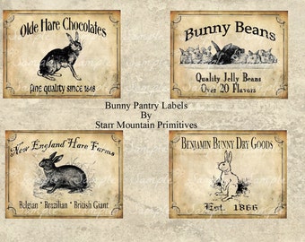 Primitive Bunny Hasen Kaninchen Hase Ostern Frühling Jpeg Digital Speisekammer Etiketten