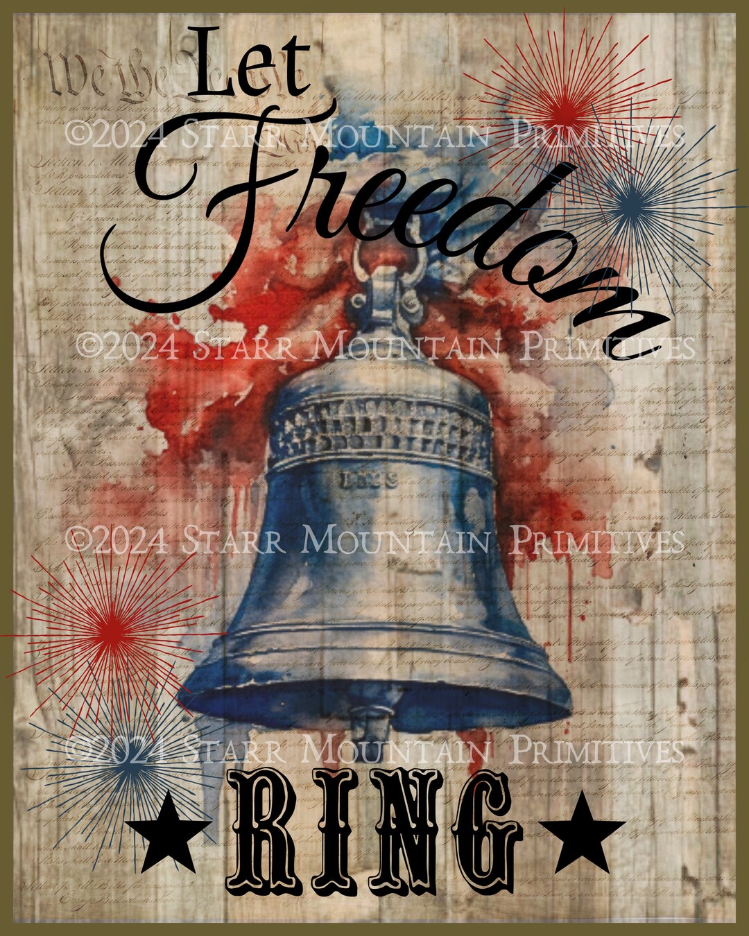 Patrioc Bell Ringer Primitive Patriotic Americana Bell Let Freedom Ring Star Printable Jpeg ...