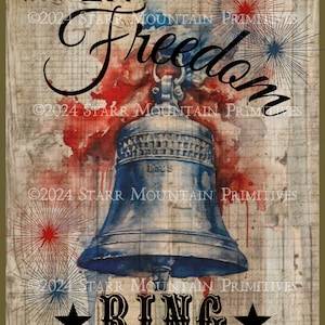 Primitieve patriottische Americana Bell Let Freedom Ring Star afdrukbare Jpeg 300 DPI digitale afbeelding kussen Pantry Label Hang Tag Ornament Print