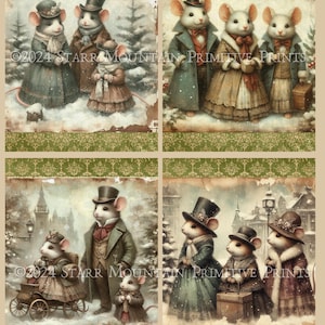 Primitive Vintage Victorian Winter Christmas City Mice Mouse Set of 4 4x5&quot; Digital Printable Label Hang Tag Ornament Magnet Junk Journal
