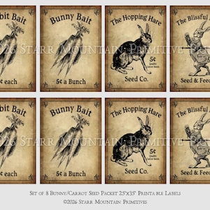 Peut inclure: Ensemble de huit étiquettes imprimables de style vintage. Les étiquettes présentent des illustrations de lapins et de carottes, avec du texte tel que "Rabbit Bait", "Bunny Bait" et "The Hopping Hare". Les étiquettes sont imprimées sur un fond beige avec des bordures décoratives.