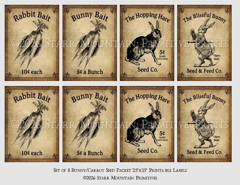Primitive Carrots Bunny Rabbit Bait Seed Packet Set 8 - 2.5x3.5 Digital ...