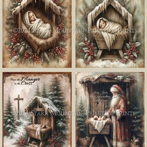 Crèche de Noël religieuse primitive, crèche de l'enfant Jésus, père Noël, 4 4 x 5 po. Étiquette imprimable numérique, étiquette imprimée, ornement, carte magnétique