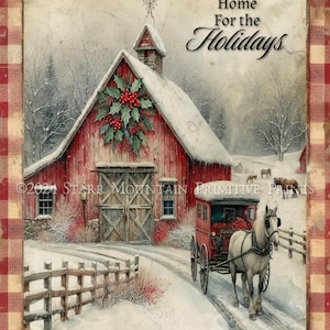 Scena invernale primitiva di fattoria, carrozza trainata da cavalli, Natale, stampabile, 8x10, Jpeg, stampa digitale, etichetta, etichetta decoupage, ornamento, carta, tela