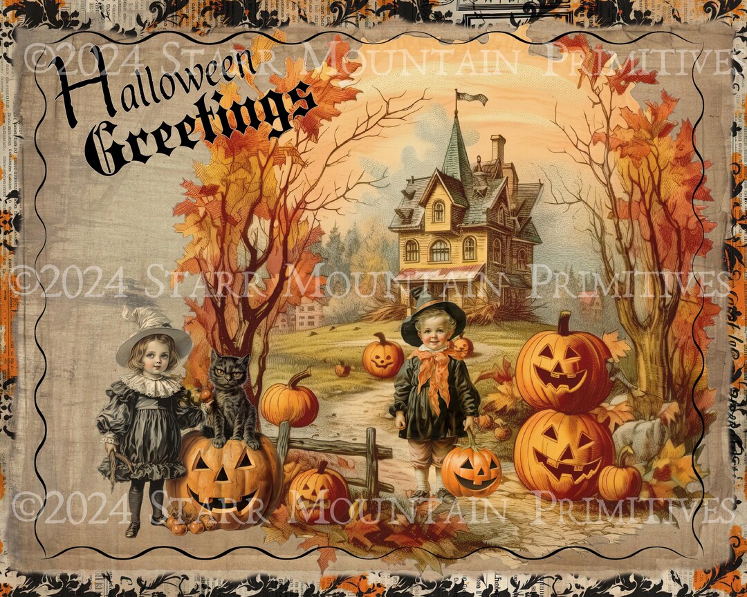 Primitive Vintage Postcard Damask Halloween Haunted House Witch Black ...
