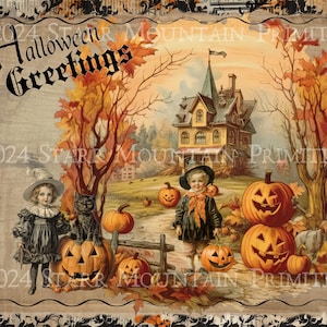 Primitiva cartolina d'epoca damascata Halloween casa stregata strega gatto nero JOL stampabile Jpeg immagine digitale etichetta cartellino 10x8 stampa su tela