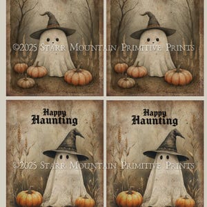 May include: Set of four 4x5 Halloween printables. Each card features a friendly ghost wearing a witch hat, surrounded by pumpkins and autumn foliage. The text reads "Halloween Greetings" and "Happy Haunting".