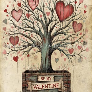 Arte popular primitivo: árbol de corazones para el día de San Valentín, caja de madera de 8 x 10 pulgadas, imagen digital, etiqueta para decoupage, adorno, letrero, impresión, lienzo, tarjeta