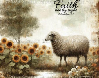 Primitive Farmhouse Inspirational Sheep Sunflowers Wydrukowalny obraz Werset biblijny Jpeg 300 DPI Sztuka cyfrowa Etykieta obrazu Tag 8x8 Wydruk na płótnie