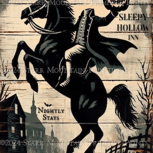 Puede incluir: Un cartel de Halloween de estilo vintage que representa al Jinete sin Cabeza montado en un caballo negro encabritado, sosteniendo una calabaza tallada. La imagen incluye una casa embrujada y el texto "Sleepy Hollow Inn" y "Nightly Stays."