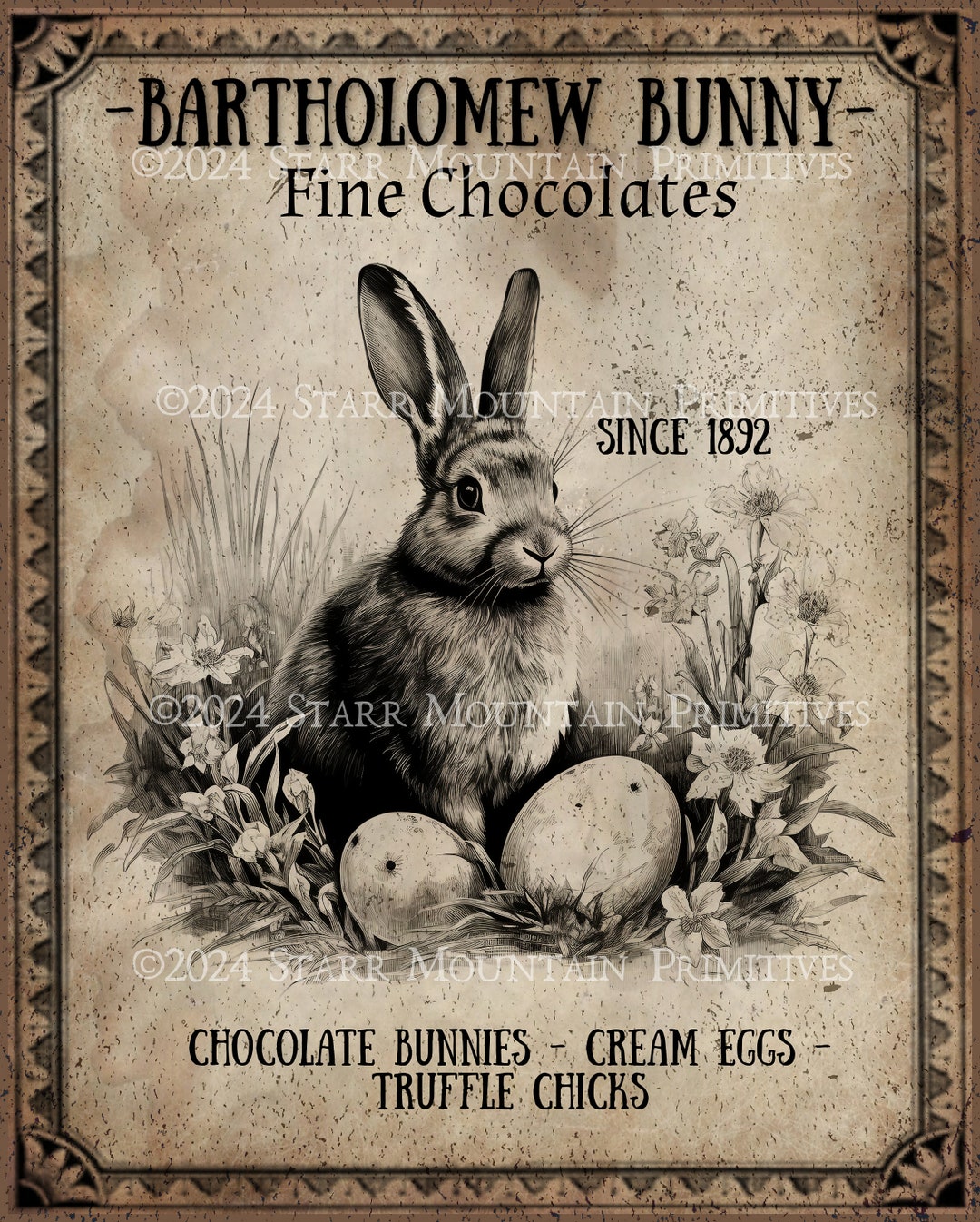 Primitive Bartholomew Bunny Rabbit Chocolate Printable Jpeg 300 DPI