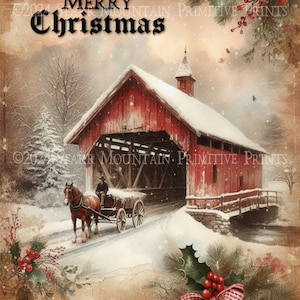 May include: A vintage Christmas card featuring a red covered bridge with a horse-drawn wagon crossing it. The bridge is covered in snow and the scene is set in a winter wonderland. The text "Merry Christmas" is written in black at the top of the card.