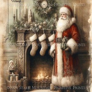 May include: Santa Claus stands by a fireplace with stockings hung by the chimney. The fireplace has a roaring fire and a wreath above it. The text "The Stockings Were Hung..." is at the top of the image.