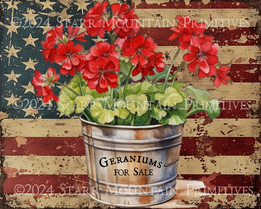 Primitive Farmhouse American Flag Geraniums Metal Bucket Printable Jpeg ...