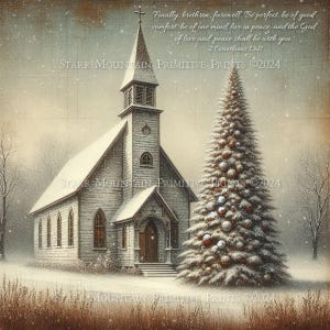 Primitive Inspirational Bible Verse Christmas Tree Chapel Church Snow Printable Painting Art Jpeg Digital Print Label Canvas Decoupage 8x8