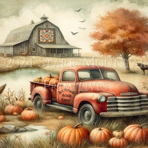Imagen digital JPEG de 10 x 8 para imprimir en lienzo, etiqueta para decoupage, colcha rústica de otoño, calabazas, camión rojo, casa de campo primitiva