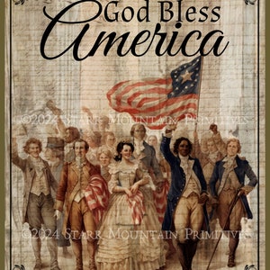 Könnte beinhalten: Eine Illustration im Vintage-Stil einer Gruppe von Menschen, die eine amerikanische Flagge halten, mit den Worten "God Bless America" darüber geschrieben. Das Bild ist vor dem Hintergrund eines verblassten Dokuments mit handschriftlichem Text.