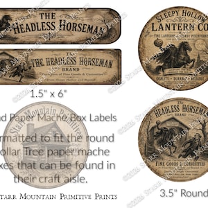 Puede incluir: Una colección de etiquetas de papel de estilo vintage con imágenes y texto del Jinete sin Cabeza. Incluye dos etiquetas rectangulares de 3,8 cm por 15,2 cm y dos etiquetas circulares de 8,9 cm de diámetro en tonos sepia.