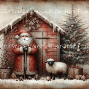 Red Shed Barn Santa Christmas Bundle, 4 Styles Farmhouse Primitive Instant Download Printable JPEG Print Sublimation Decoupage Cans Labels