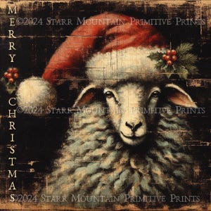 Primitieve boerderij kerst schapen in kerstmuts portret afdrukbaar olieverfschilderij jpeg digitale kunst afbeelding label hang tag 8 x 8 afdrukken canvas