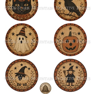 May include: A set of six round Halloween-themed prints featuring a black cat, a crow, a ghost, a pumpkin, a sheep, and a figure with a broom, all wearing hats. Each circular design has a brown border with dots and stars. Text reads 2026 STARR MOUNTAIN PRIMITIVE PRINTS.