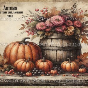 Primitive Bauernhaus Pumpkin Mums Holzfass Druckbare Stillleben Malerei Drucketikett Jpeg Digitalbild 10x8 Leinwand Decoupage Reispapier