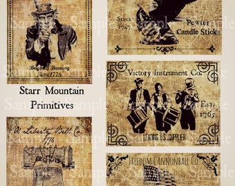 Primitive Americana Uncle Sam Soldiers Liberty Bell Flag Jpeg Digital Pantry Labels Many Uses!  Rag Tags, Hang tags Magnets Ornies