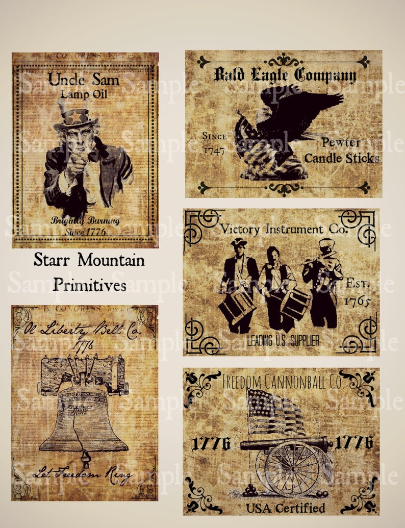 May include: A collection of vintage-style labels featuring American patriotic themes. The labels include images of Uncle Sam, a bald eagle, a liberty bell, a cannon, and a group of musicians playing drums. The labels are printed on a textured paper background and feature text such as "Uncle Sam Lamp Oil", "Bald Eagle Company", "Victory Instrument Co.", and "Freedom Cannonball Co.".