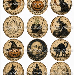 Könnte beinhalten: Ein Bogen mit zwölf runden Aufklebern mit Halloween-Illustrationen im Vintage-Stil, darunter Hexen, Kürbisse, schwarze Katzen, Geister, ein Kessel, ein Mond und ein Spukhaus, mit dem Text 2026 STARR MOUNTAIN PRIMITIVE PRINTS.