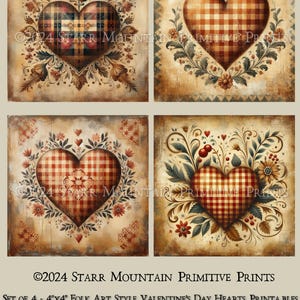 May include: Set of four 4x4 inch printable folk art style Valentine's Day hearts. The hearts are red and white gingham with floral designs. ©2024 Starr Mountain Primitive Prints