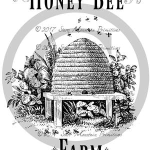 May include: Black and white illustration of a beehive with flowers and the text "2017 Starr Mountain Primitives Honey Bee Farm".