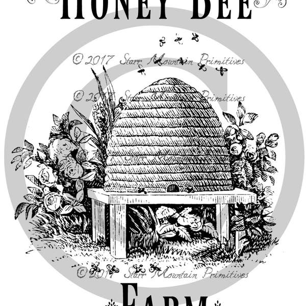 Primitive Shabby Chic Honey Bee Farm Skep Beeskep Jpeg Digital Image Print Feedsack Logo Pillow Pantry Labels Hang tags Magnets Ornie Burlap